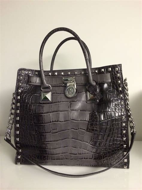 michael kors large hamilton grey/charcoal animal embossed leather tote|Michael Kors Hamilton studded tote.